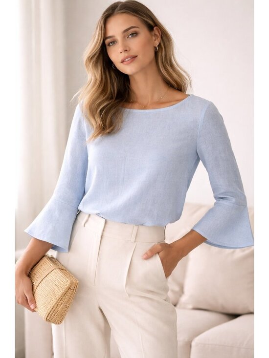 Massimo Dutti Tops - Massimo Dutti Linen Blend Blouse – Light Blue Minimalist Style